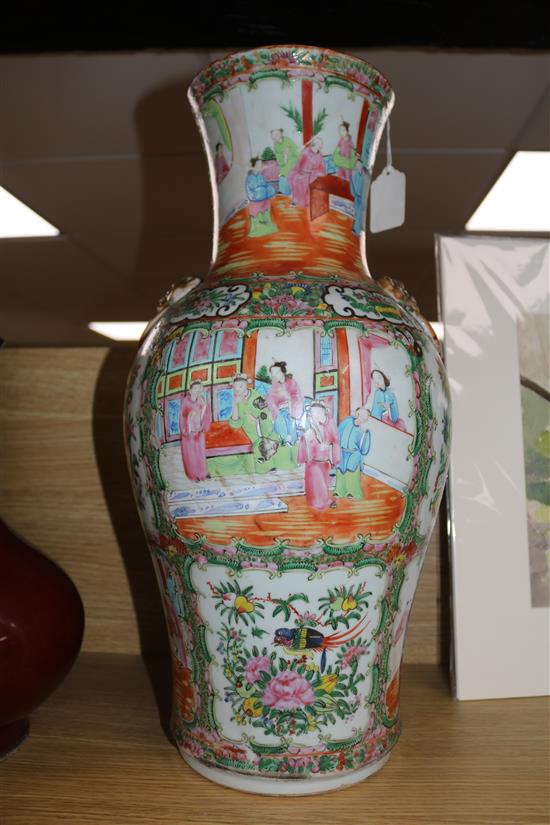 Two large 19th century Chinese famille rose vases and a sang-de-boeuf vase, H 32-58cm (3, all damaged)